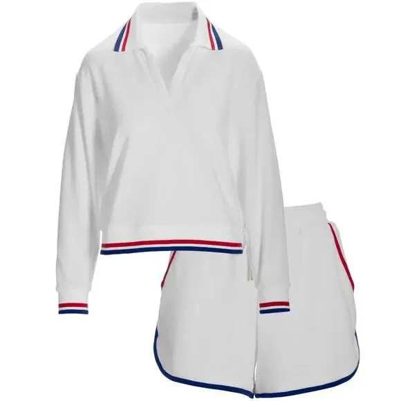 NEW Boston Proper White Terry Striped Border Sport Set, Shorts and Top, Size XL - Picture 2 of 4